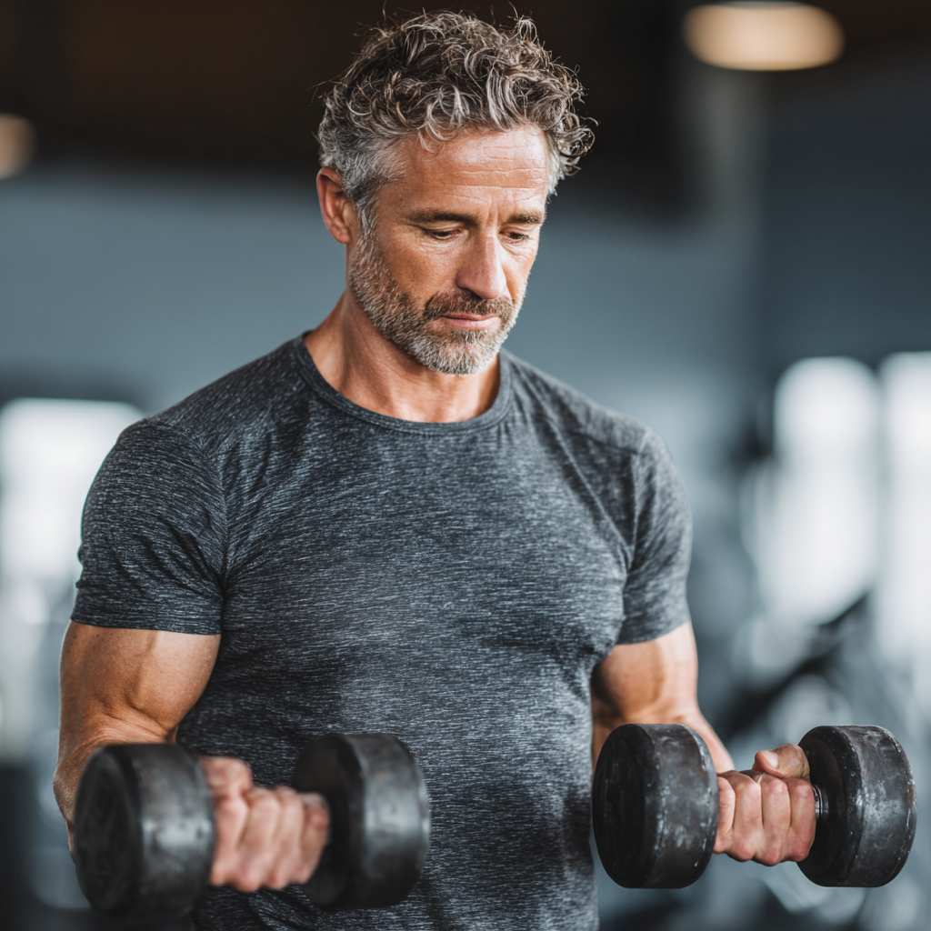 Athletic middle-aged man in his 40s performing strength training exercises with dumbbells in a modern gym setting, showing proper form and dedication