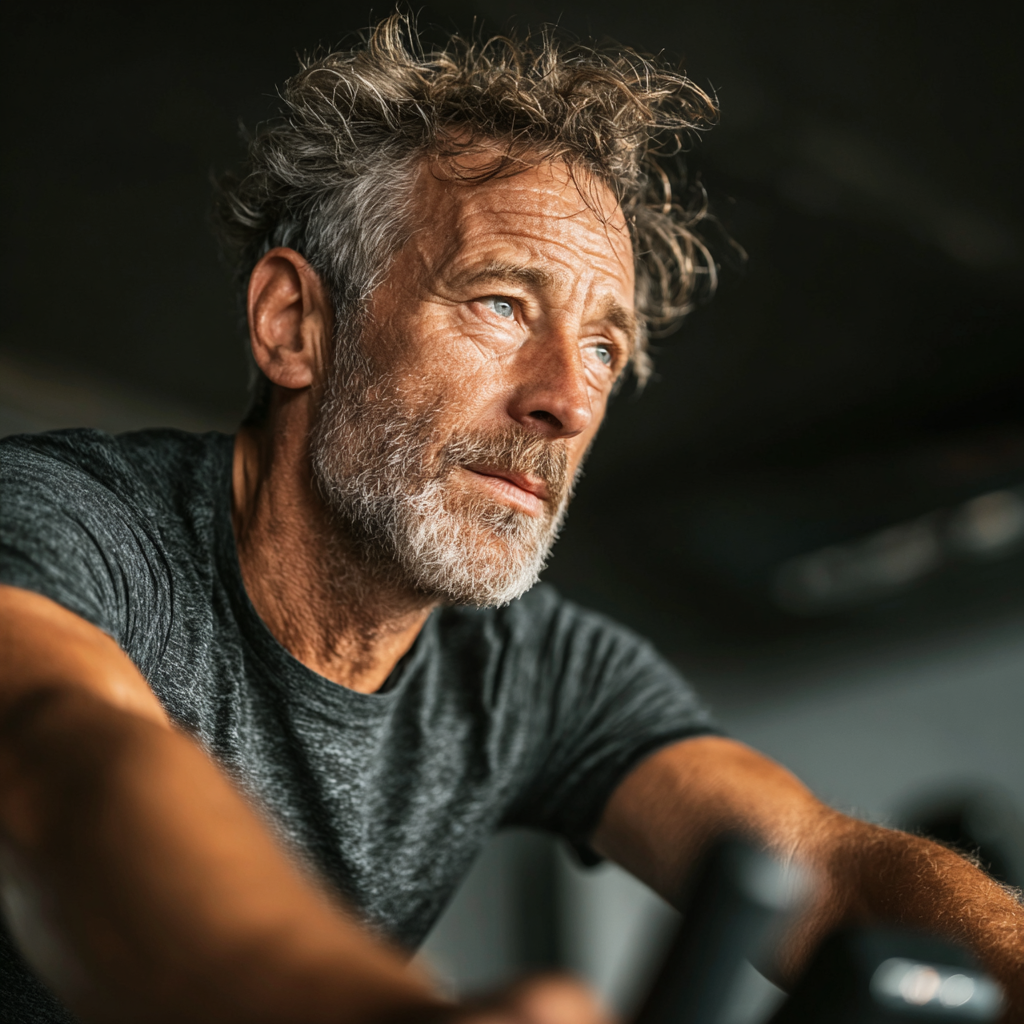 Energetic middle-aged man around 50 years old performing high-intensity cardio workout on exercise bike, showing determination and proper form