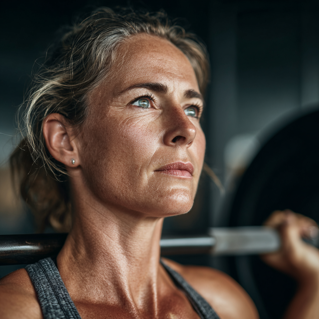 Focused woman in her late 40s performing strength training with barbells in a gym, demonstrating proper lifting technique and concentration